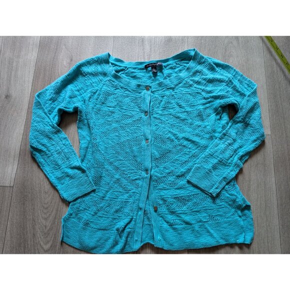 American Eagle Outfitters Womens Turquoise Knit Cardigan Sweater S/P Lightweight - Picture 2 of 7